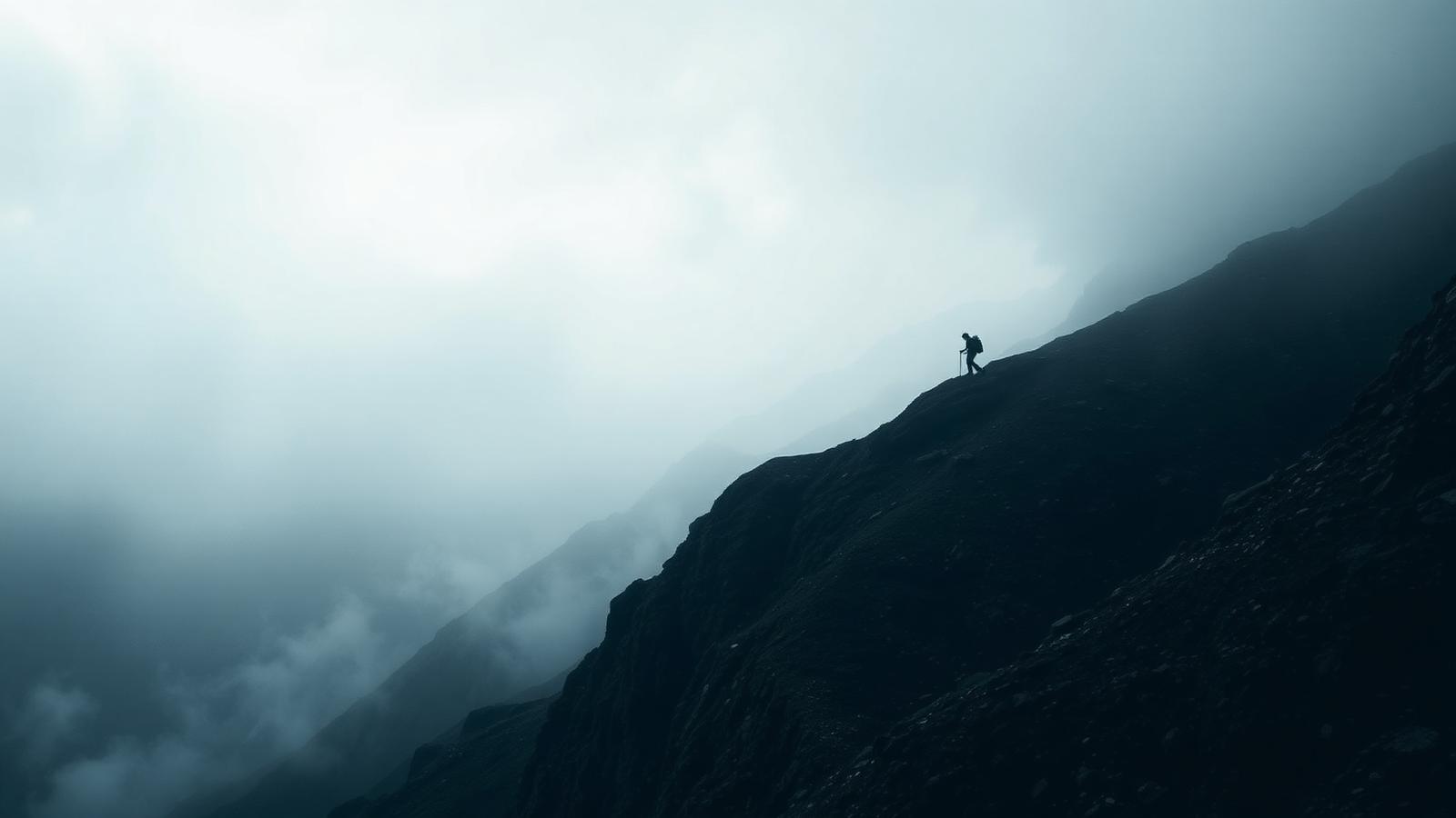 Solitary hiker climbing a steep misty mountain ridge in grey storm light, dwarfed by the terrain — the hard middle of any long effort