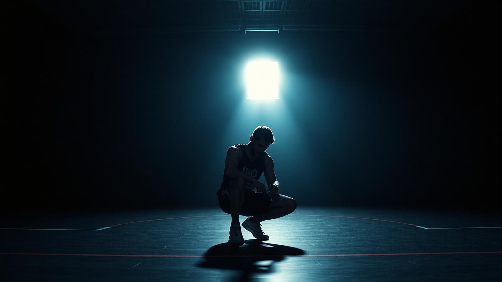 Lone athlete crouched lacing training shoes under a single light in a dark empty gym before dawn — the hidden hustle nobody sees