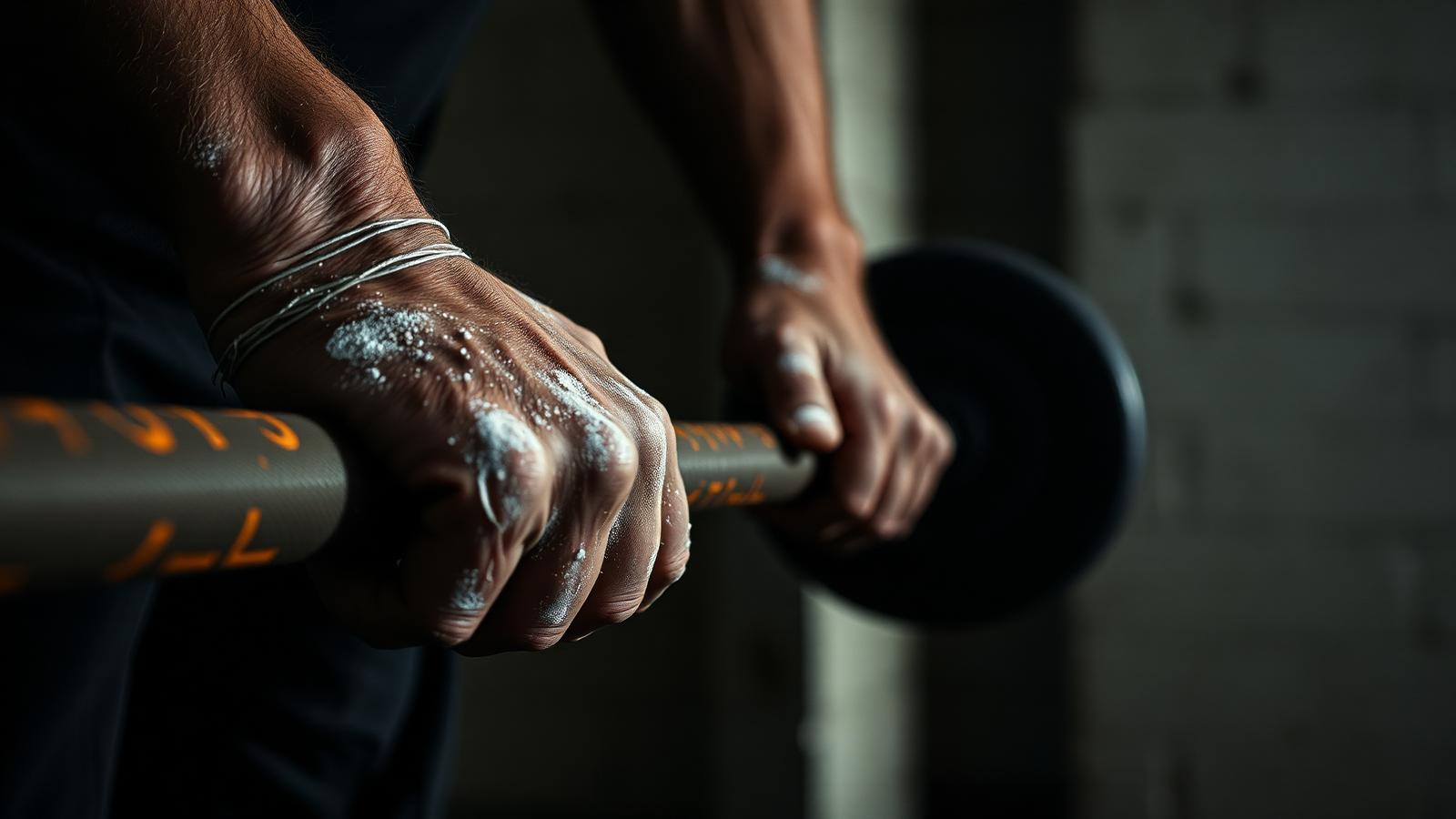 Chalked hands gripping a loaded barbell in a dim concrete gym, warm accent light on the bar — perseverance trained like strength